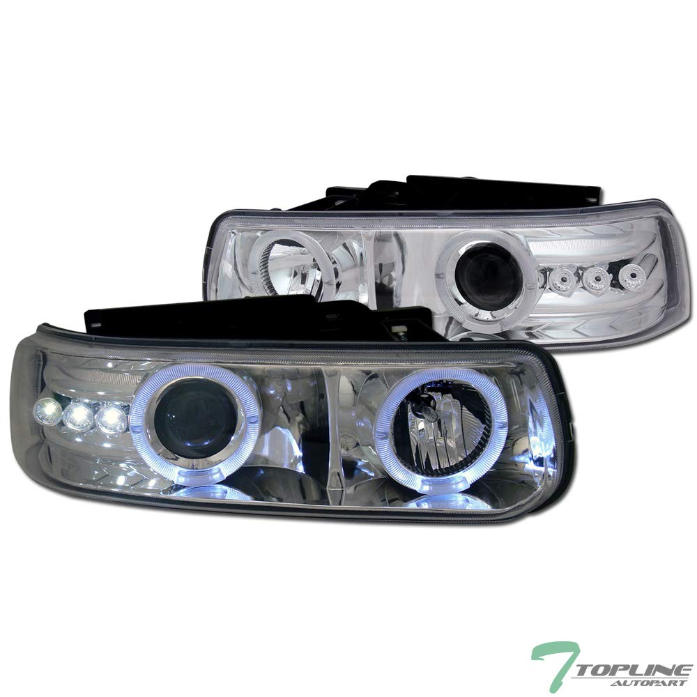 Topline_autopartChrome Clear Housing Projector Headlights With Halo LED k2 Compatible With 99-02 Chevy Silverado / 00-06 Tahoe Suburban