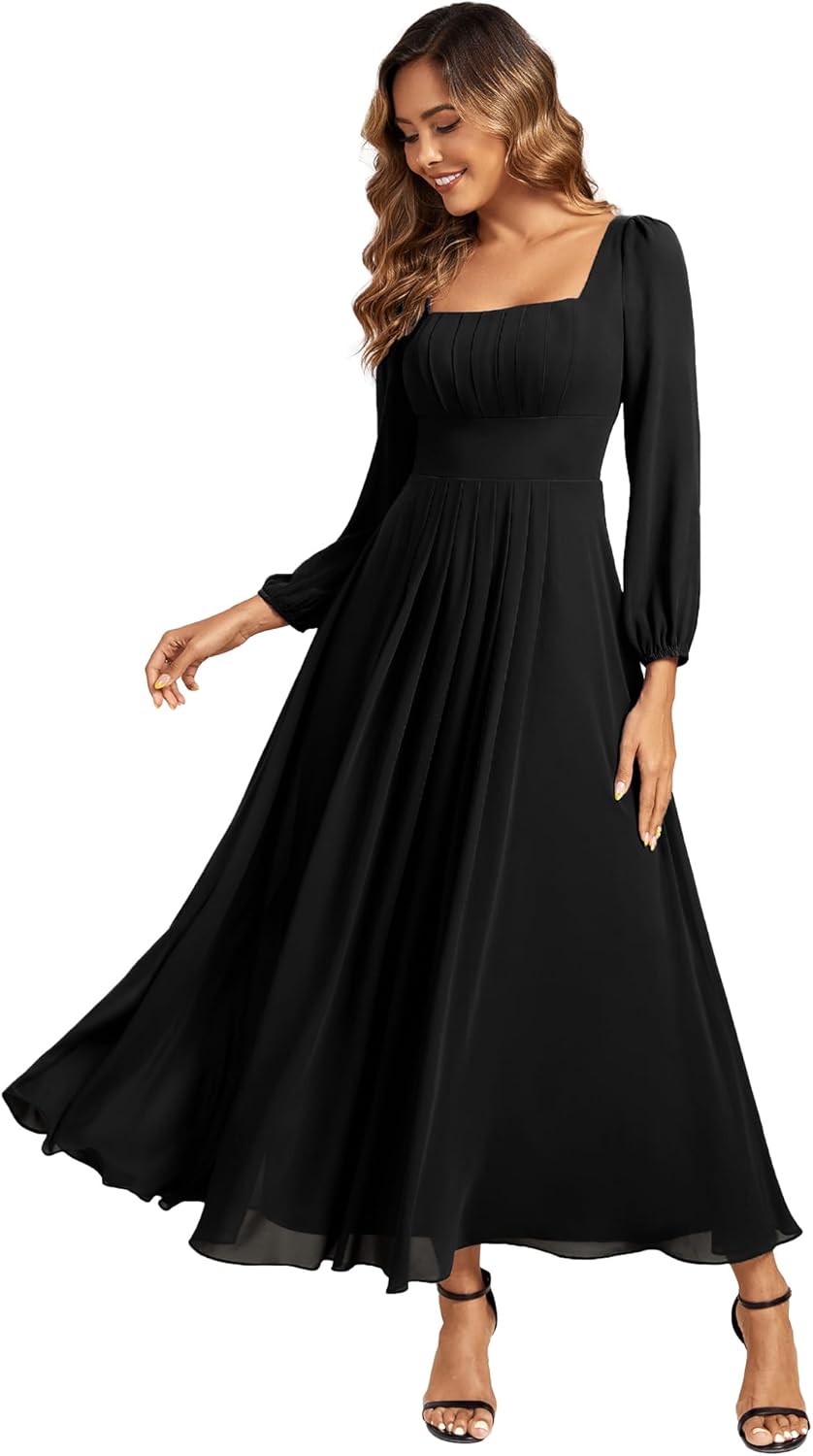 Ever-Pretty Women's Square Neck Pleated Long Sleeve Chiffon A-Line Maxi Fall Wedding Guest Dress 02522