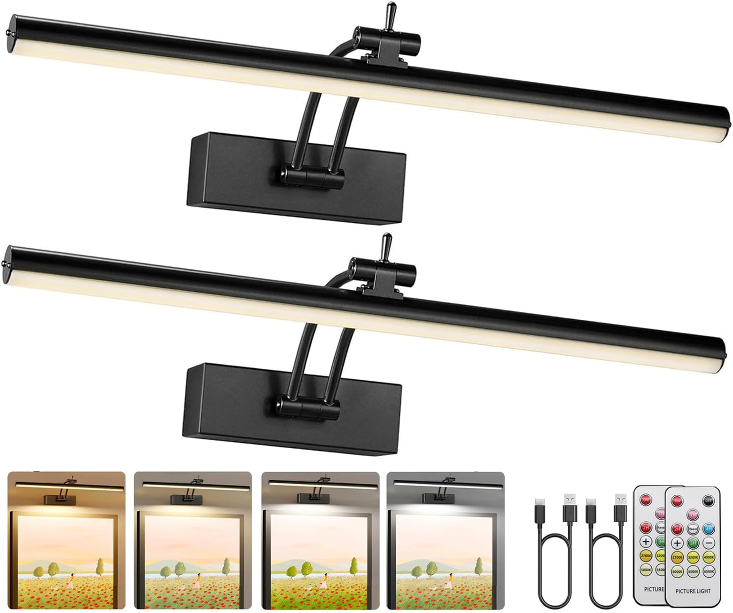 Yuichoy 2 Pack Picture Lights for Wall Battery Operated, 16 inch Wireless Art Lighting for Painting, 6 Colors Picture Frame Lights with Remote, Dimmable 5200mAh Gallery Light, Black
