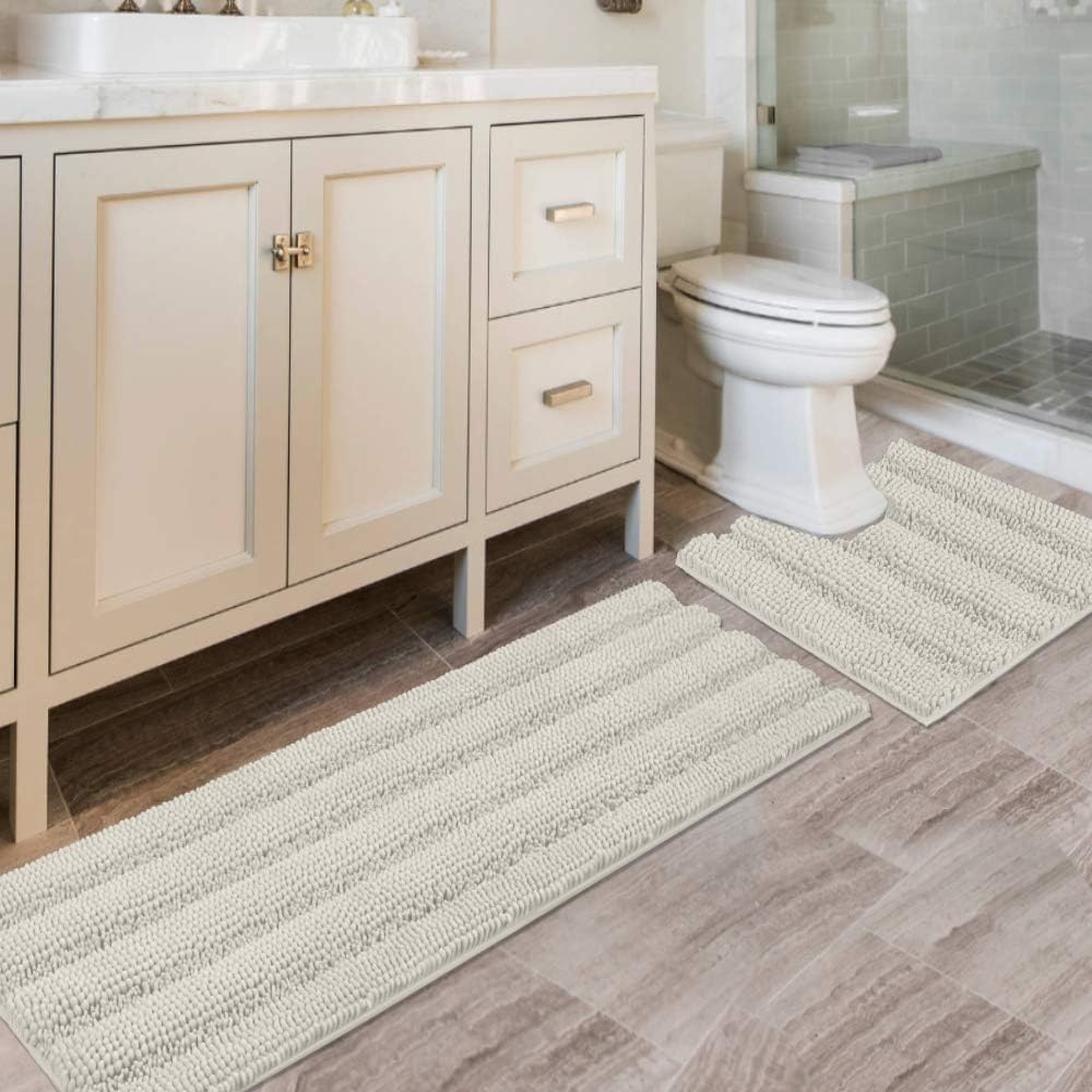 H.VERSAILTEX Bathroom Rugs Bath Rug Set 2 Piece Bathroom Contour Rug Toilet Mat Sets Non Slip Contour Bath Rug Ultra Thick Water Absorbent Striped Bath Mats Washable(47" x 17" Plus 20" x 20" U, Cream) 47" x 17" Plus 20" x 20" U Shape Cream