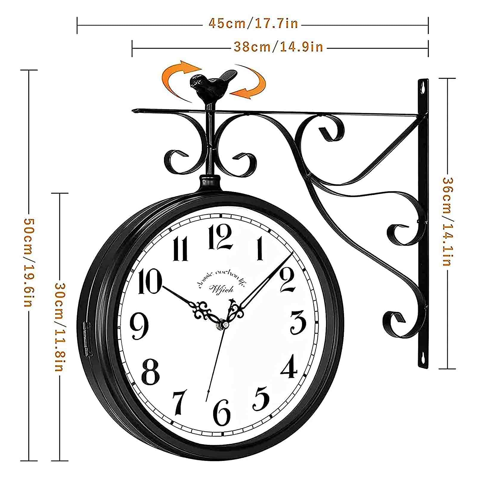 Orologio da Parete a Doppia Faccia in Ferro Battuto Vintage per Esterni con Staffa