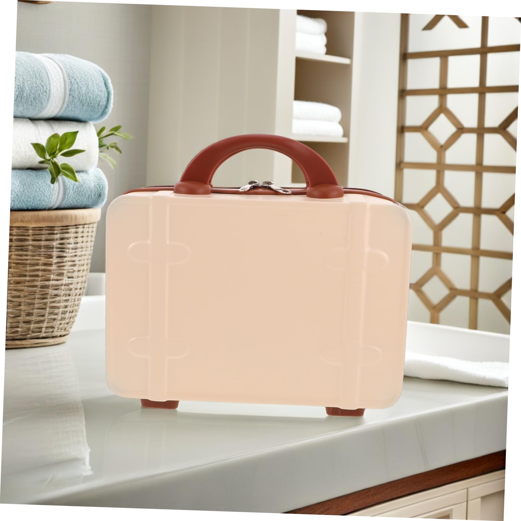 Maleta de Maquillaje Retro de Mano 14 Pulgadas Abs Beige | Interior Varios Compartimentos, para Viaje y Uso Diario, Diseño Vintage Inspirado