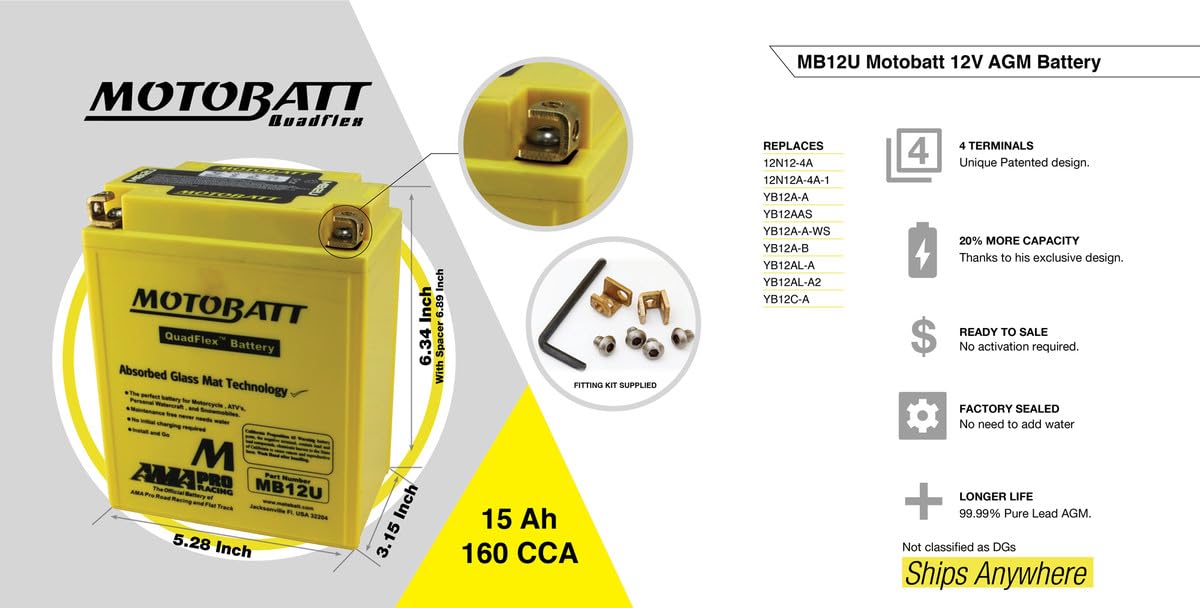 Batteria MotoBatt MB12U 12V 14Ah Precaricata Sigillata AGM ? Alta Potenza, 135x80x161 mm, Senza Manutenzione per Moto e ATV