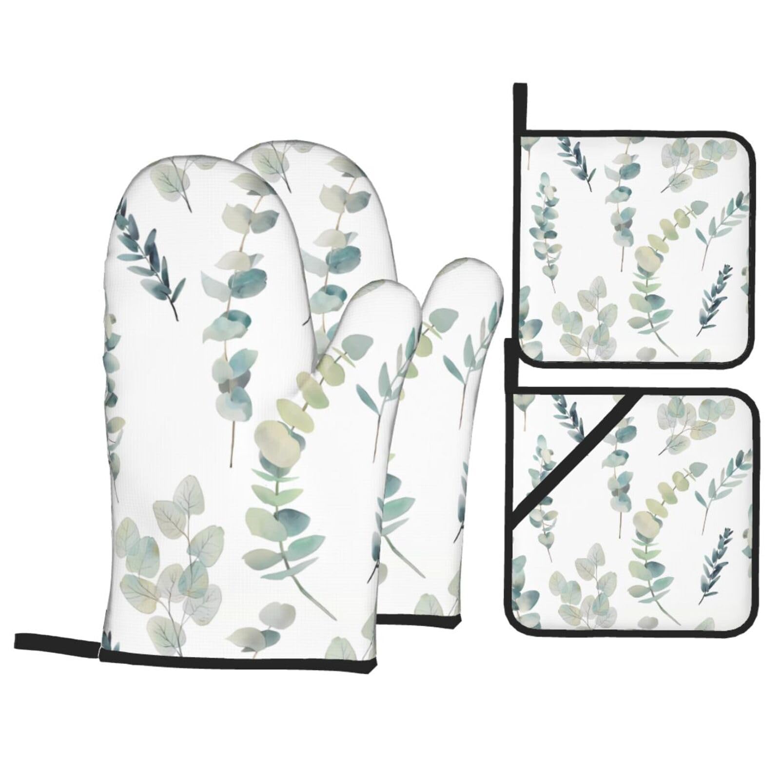 WHJSHOP Eucalyptus Leaves Prints Kitchen Layers: Waterproof Oven Covers for Safe Handling & Easy Cleanup – 4 Piece Heat Protection Bundle