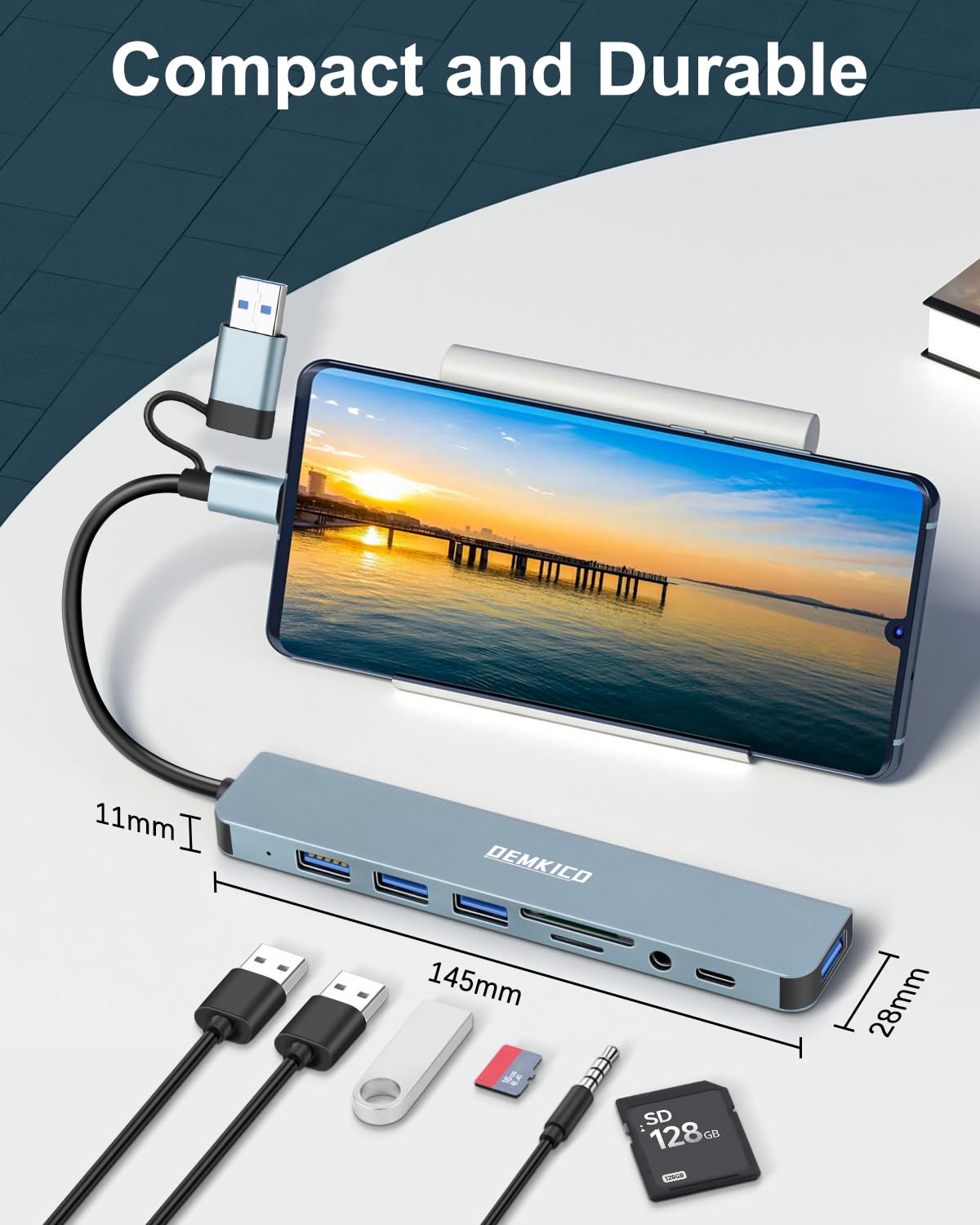 Hub USB 8 w 1 z podwójnym złączem USB-A/USB-C 4 porty USB (szary) | Czytnik SD/TF, gniazdo audio 3,5 mm i port danych USB-C dla MacBook Pro/Air/XPS
