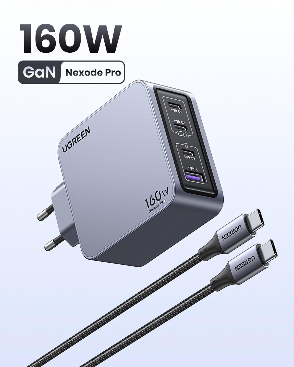 UGREEN Nexode Pro 160W GaN Charger with USB-C Cable Universel Noir, Gris Secteur Charge rapide Intérieure