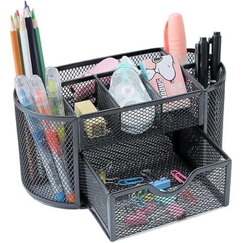 AFLICT Desk Organizer Mesh - Black Desk Caddy Multi-Functional Pen Holder Office Supplies, 8 Compartments + Drawer Metal Desktop Organizer for Neat and Tidy