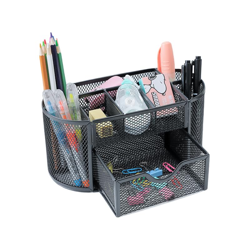 Desk Organizer Mesh - Black Desk Caddy Multi-Functional Pen Holder Office Supplies, 8 Compartments + Drawer Metal Desktop Organizer for Neat and Tidy