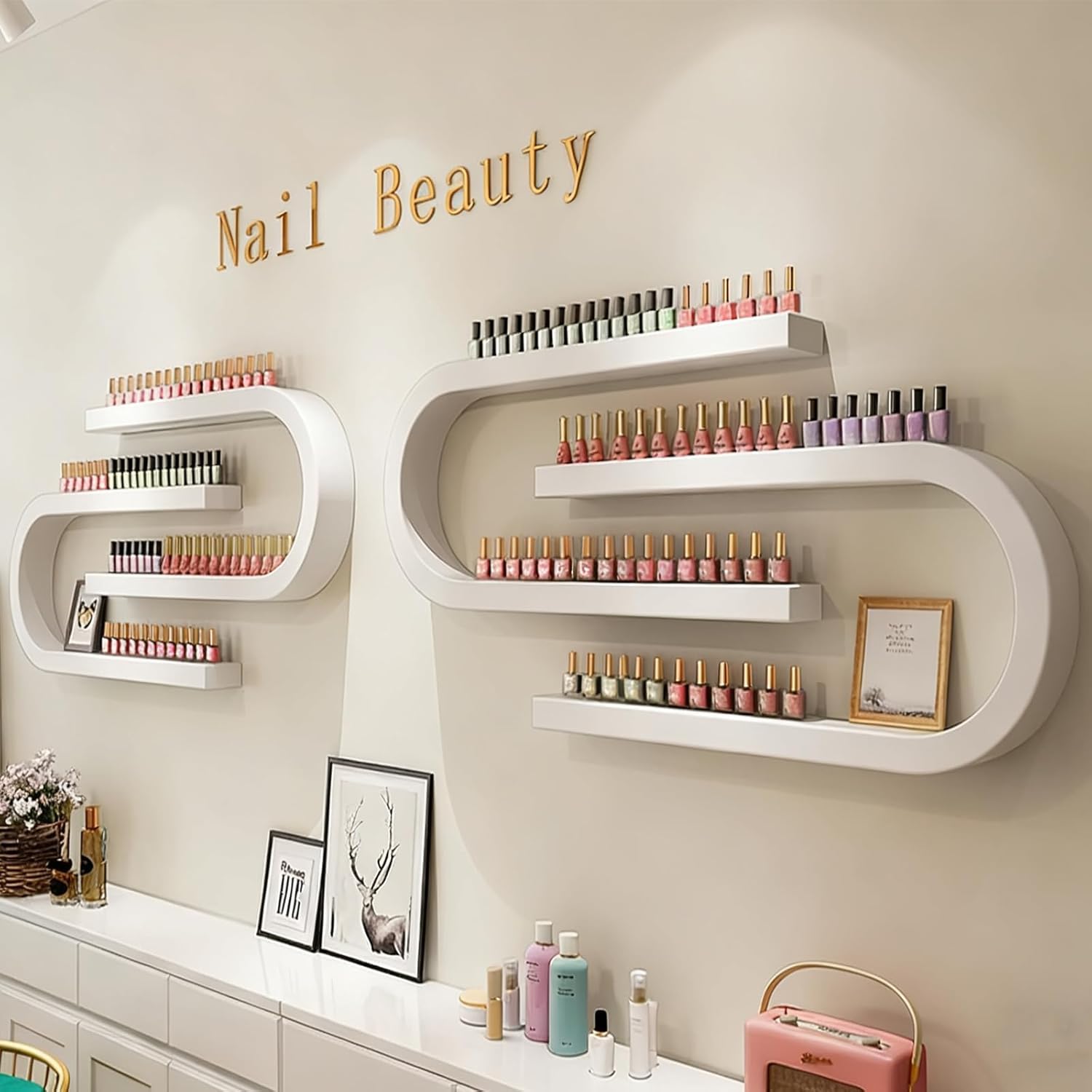 Wall Mounted Shelf Nail Polish Bottle Display Rack, U-Shaped Essential Oil Perfume Storage Rack, Multifunctional Hanging Salon/Beauty/Nail Shop Organizer Perfume Holder(Size:4-piece set,Color:White)