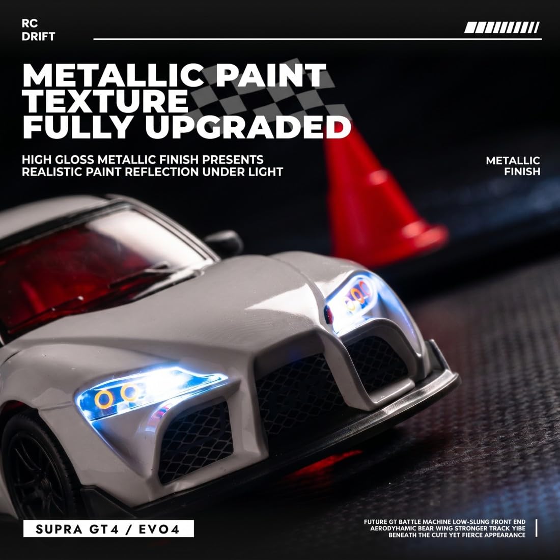 NULA Mini auto RC Drift per scrivania, corse indoor e pavimenti, 1:43, 4WD con controllo proporzionale del gas da 2,4 GHz, luce LED per adulti hobbisti (rosso/CZ4106)