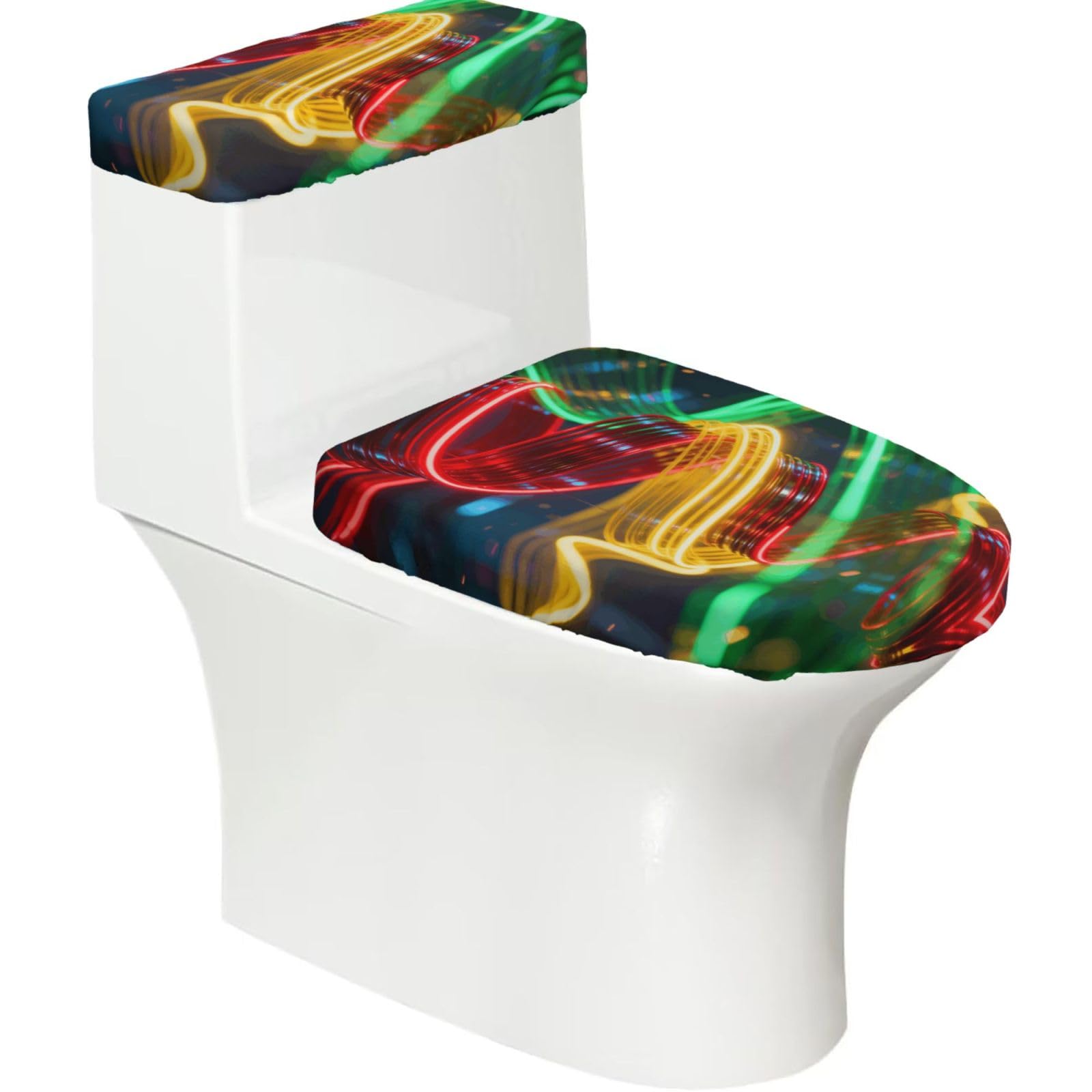 Light Ribbon Twist Elastic Toilet Cover Set of 2-Stretchy Lid and Tank Covers for Bathroom, Soft Washable U Shape Toilet Decor