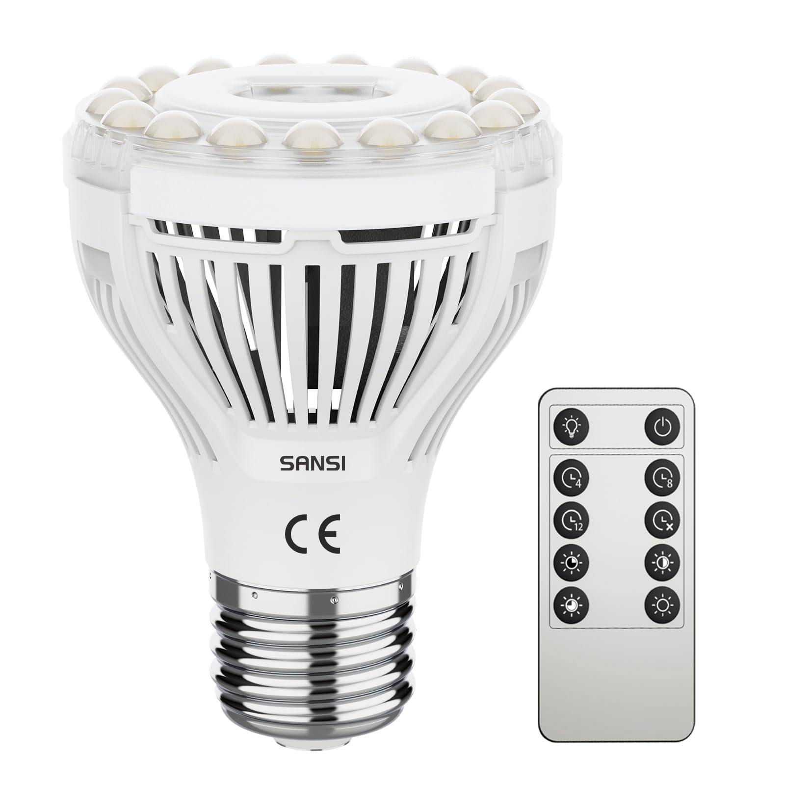 SANSI 4.5W Dimmbare LED Pflanzenlampe für Zimmerpflanzen, 30W Äquivalent E27 Grow Lampe Vollspektrum mit Fernbedienung, 4/8/12 Stunden Timer, 4 Helligkeits, 4000K Wachstumslampe mit Optischer Linse