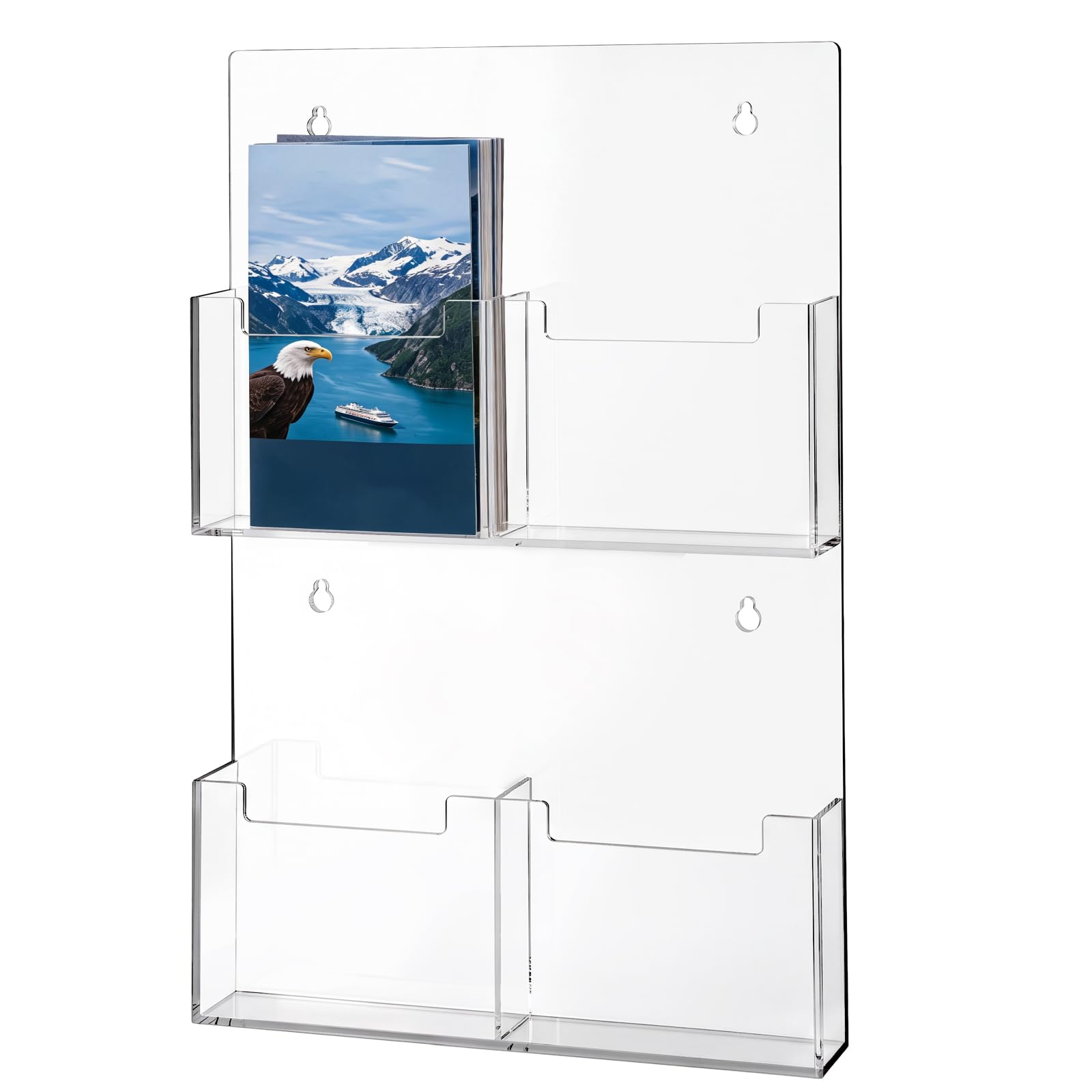 Barydat Soporte acrílico para folletos de 4 bolsillos, soporte de pared de 9.4 x 6.5 pulgadas, soporte transparente para folletos, soporte de exhibición de revistas, organizador de pared para anuncios