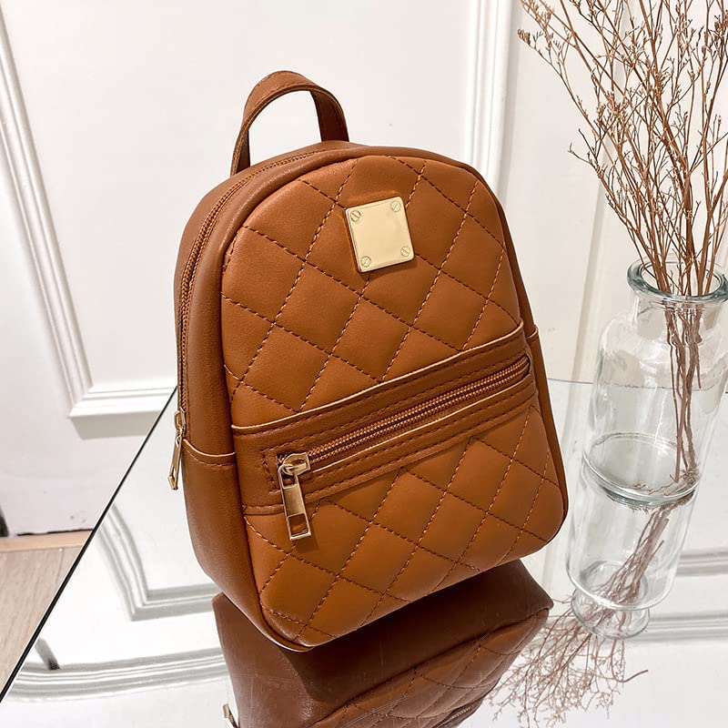Women's Mini Quilted PU Leather Backpack,Brown, 17x8x20 cm, Fashion College Bag-image-29