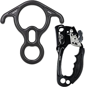 50KN Rescue Figure 8 Descender High Strength Aluminum Alloy Hand Ascender with Ergonomic Rubber Handle Strong Rappelling Gear Equipment for Rock Climbing Tree Arborist Rescue Mountaineering Caving