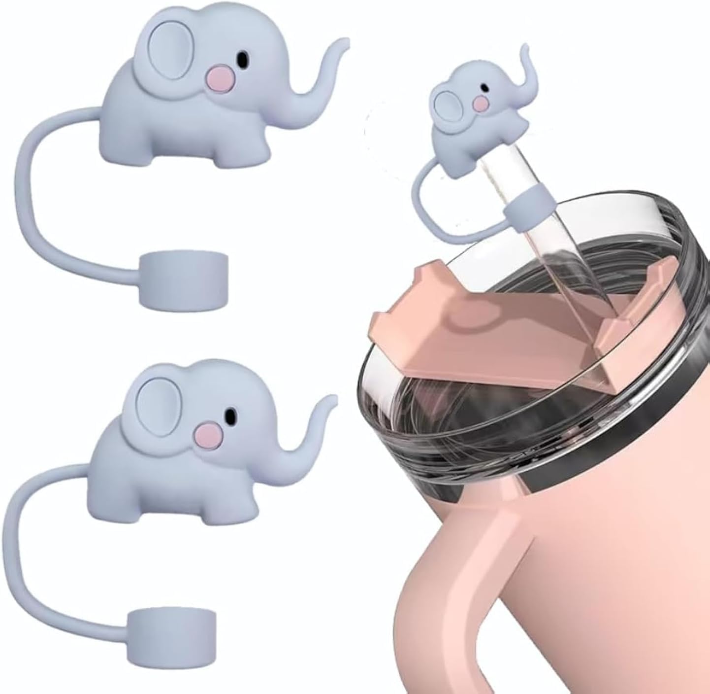 2 Pcs Elephant Straw Cover for Stanley 40&30 Oz Cup, Gray10mm Silicone Straw Covers Cap for Stanley Cup Accessories, Cute Straw Topper for Tumblers, Straw Cap Stopper for Reusable Straws Tip Lids