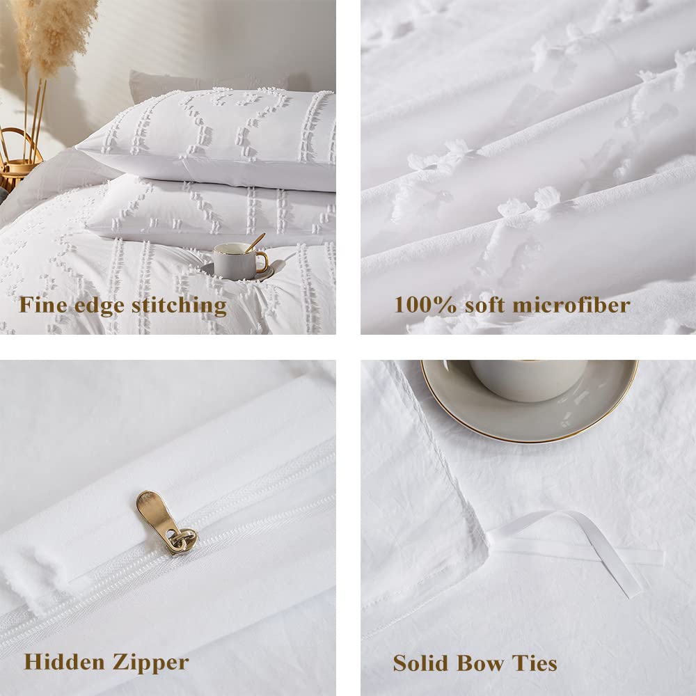 CinYana Boho Bedding Duvet Cover Sets 5 Piece Tufted Comforter Cover Set Shabby Chic Soft Breathable for All Seasons (King/California King, White)