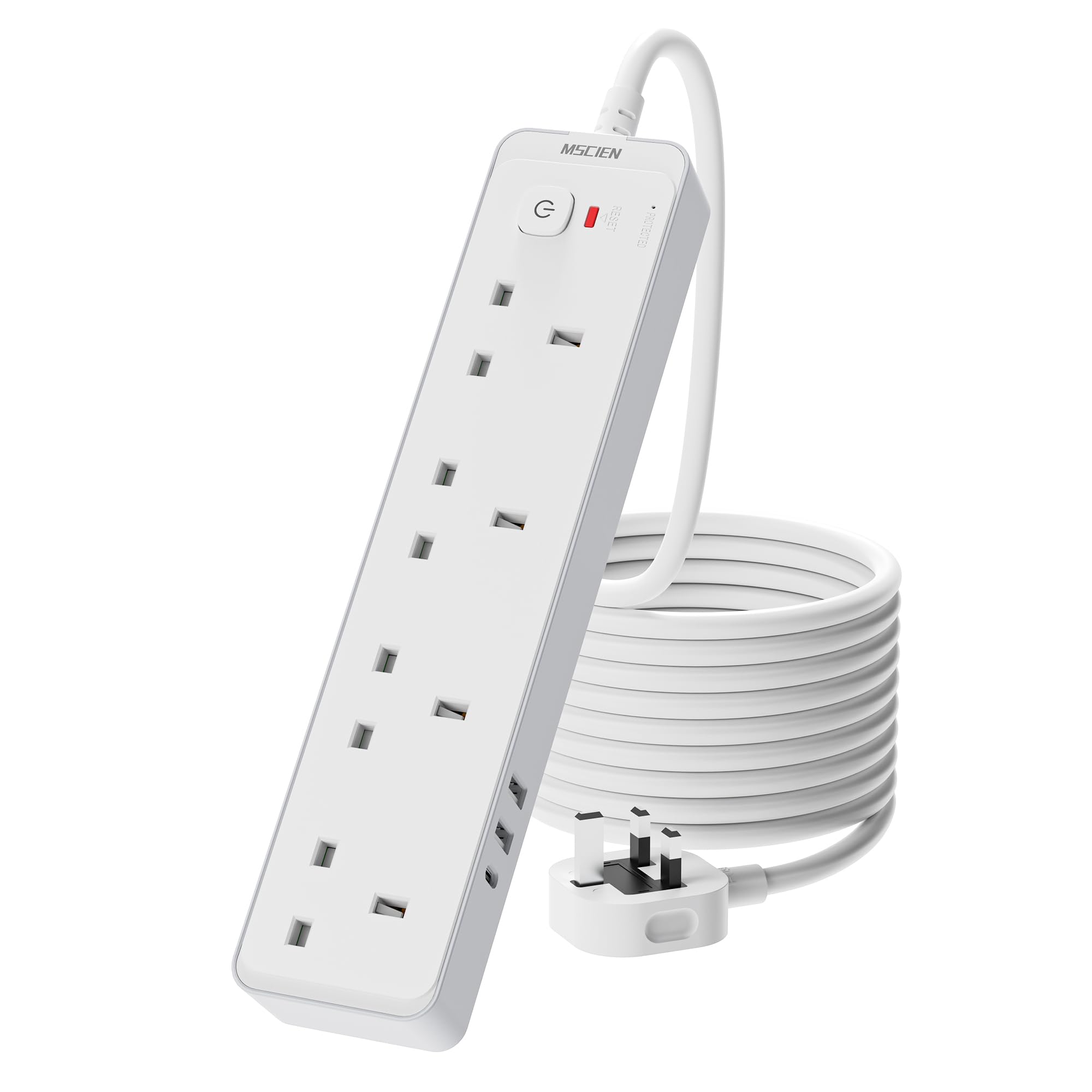 Mscien 5M Extension Lead with 3 USB Slots, 4 Way Extension Socket with Switch Wall Mountable, Long Extension Lead Surge Protected, UK Power Strip 5 Meter Extension Cable 3250W
