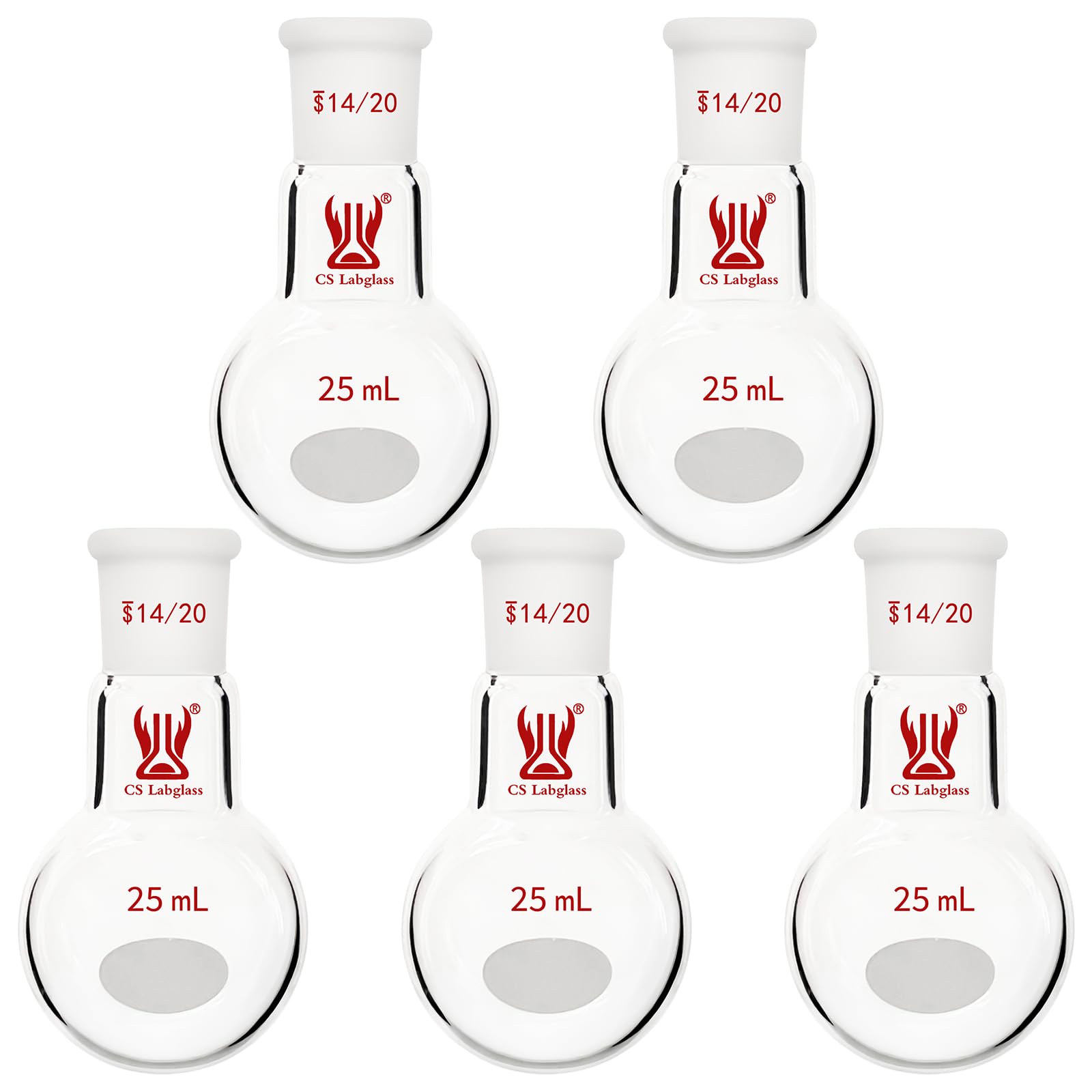 [5 Pack] CS Labglass Single Neck Round Bottom Flask, 25ml with 14/20 Standard Taper Outer Joint, Borosilicate Glass Single Neck Flask, Lab Glassware