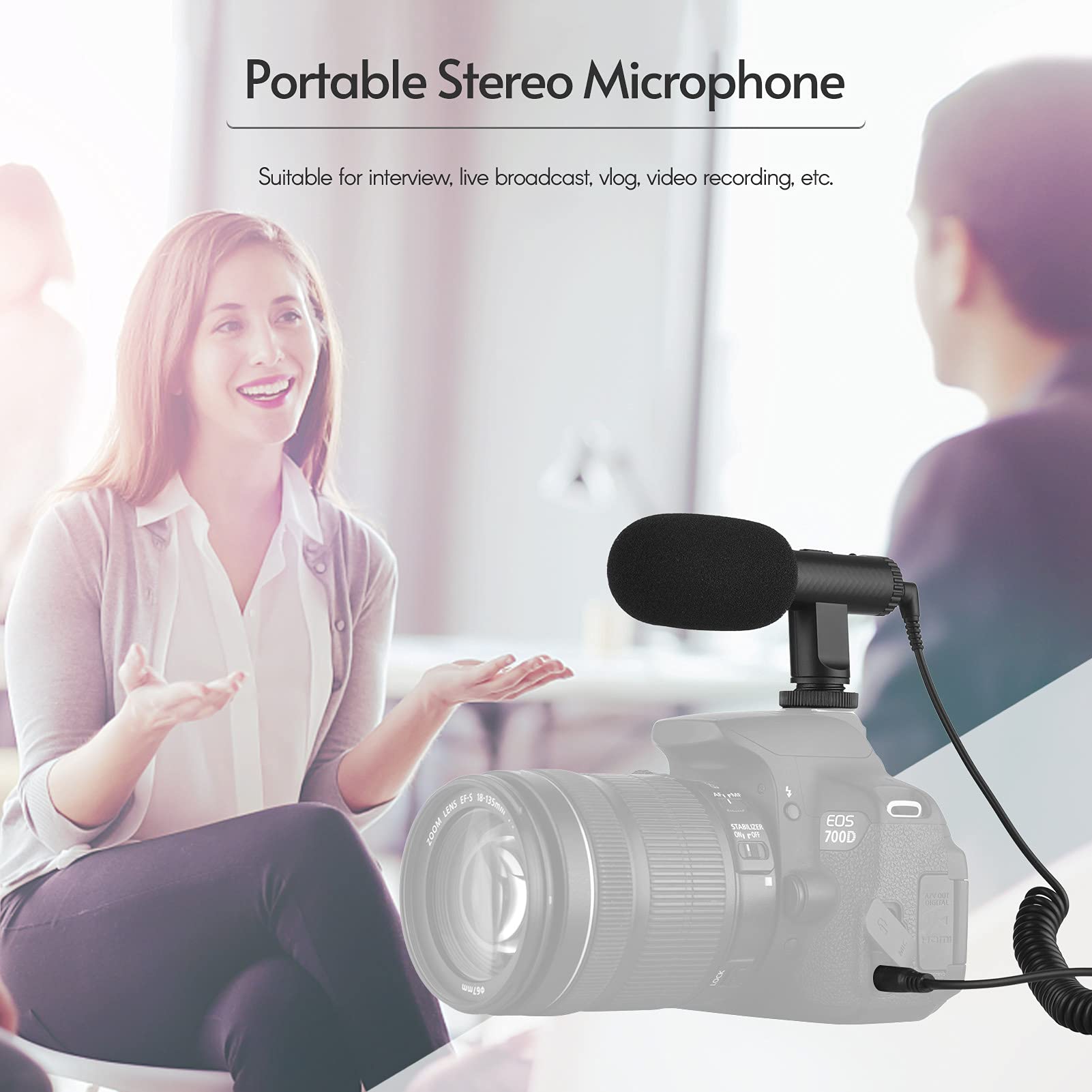 Andoer Microfono stereo portatile Registrazione Video Mic 3.5mm TRS Plug Built-in Batteria ricaricabile per fotocamere DSLR Videocamera
