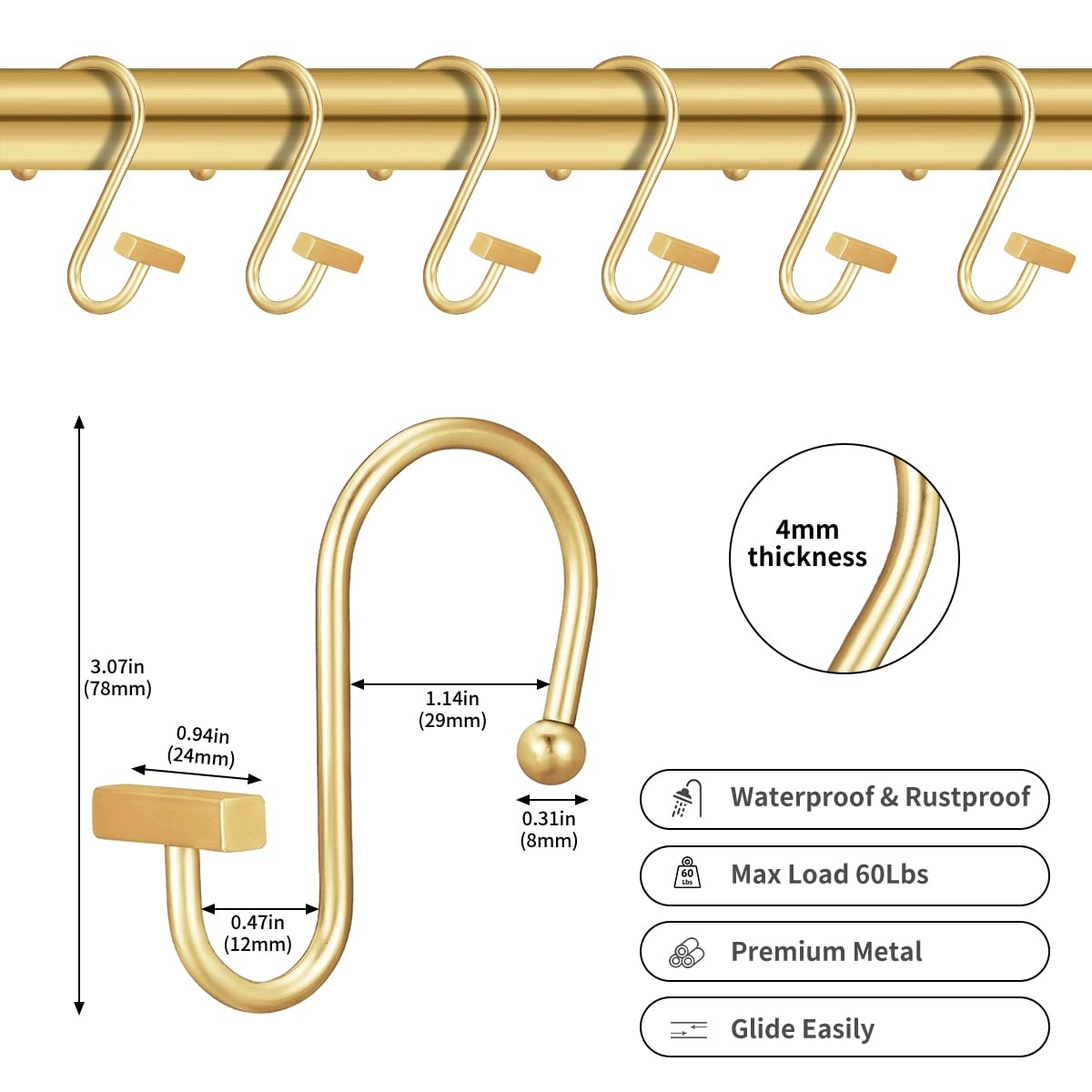 Gracelife Gancho decorativo para cortina de ducha, moderno, cuadrado, en forma de T, ganchos de ducha a prueba de óxido, anillos de cortina de ducha para baño (dorado)