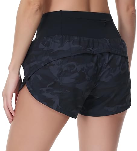 THE GYM PEOPLE Womens High Waisted Running Shorts Quick Dry Athletic Workout Shorts with Mesh Liner Zipper Pockets - Black Grey Camo - Medium