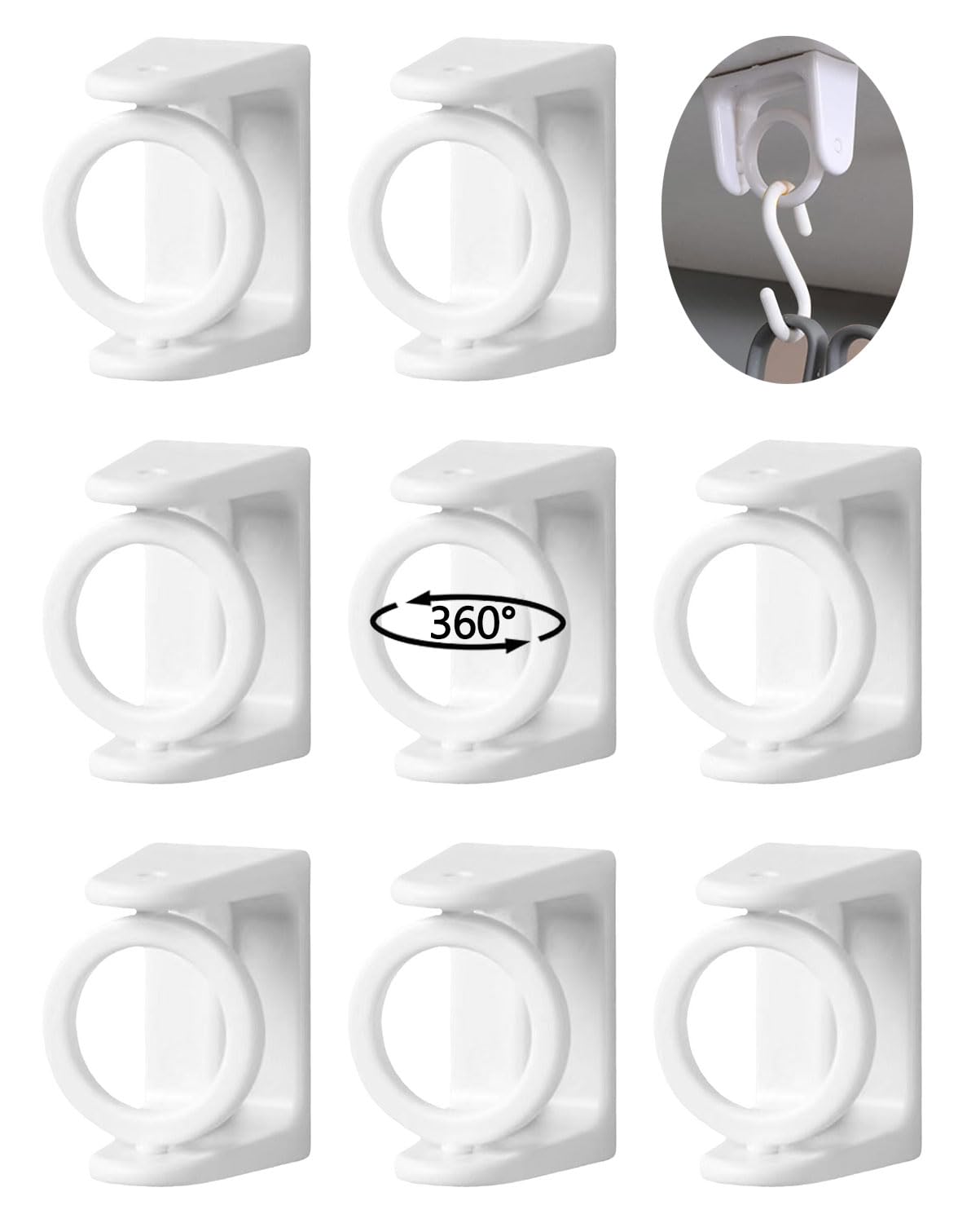 Massmot 360° Rotating Ring Curtain Rod Brackets - No Drilling, 8Pcs Self Adhesive Curtain Holders, Adjustable Hooks for Kitchen, Home, Bathroom & Hotel (White)-image-44
