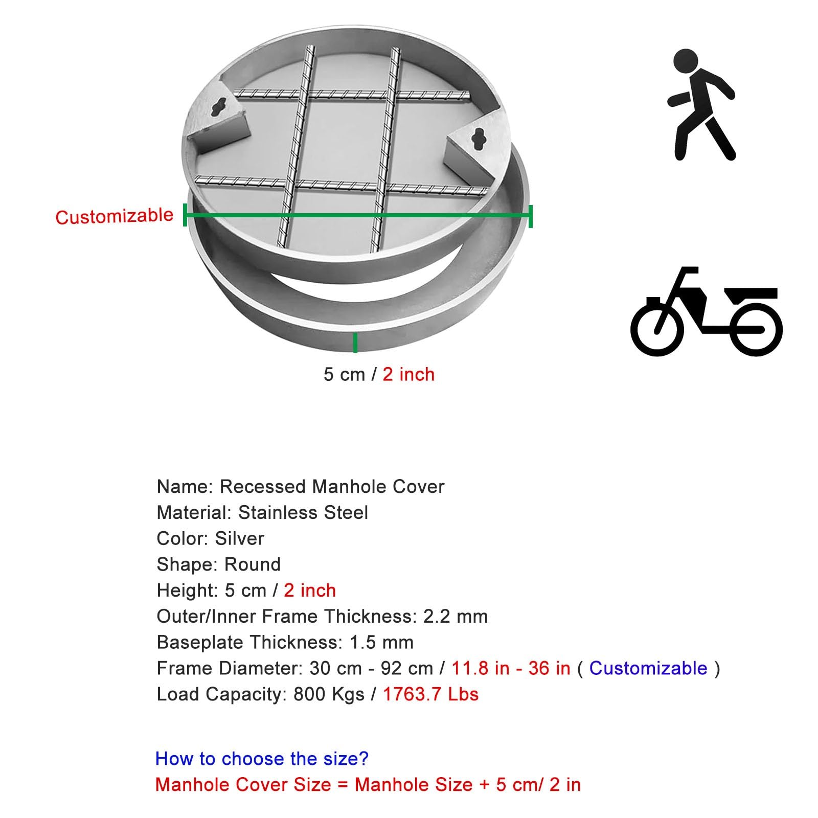 OTQEFTN Manhole Cover Manhole Cover Septic Tank Lid 40 50 60 70 80 CM, Round Stainless Steel Sewage Basin Covers, Embedded Metal Inspection Cover with Pull Hole & Lifting Keys