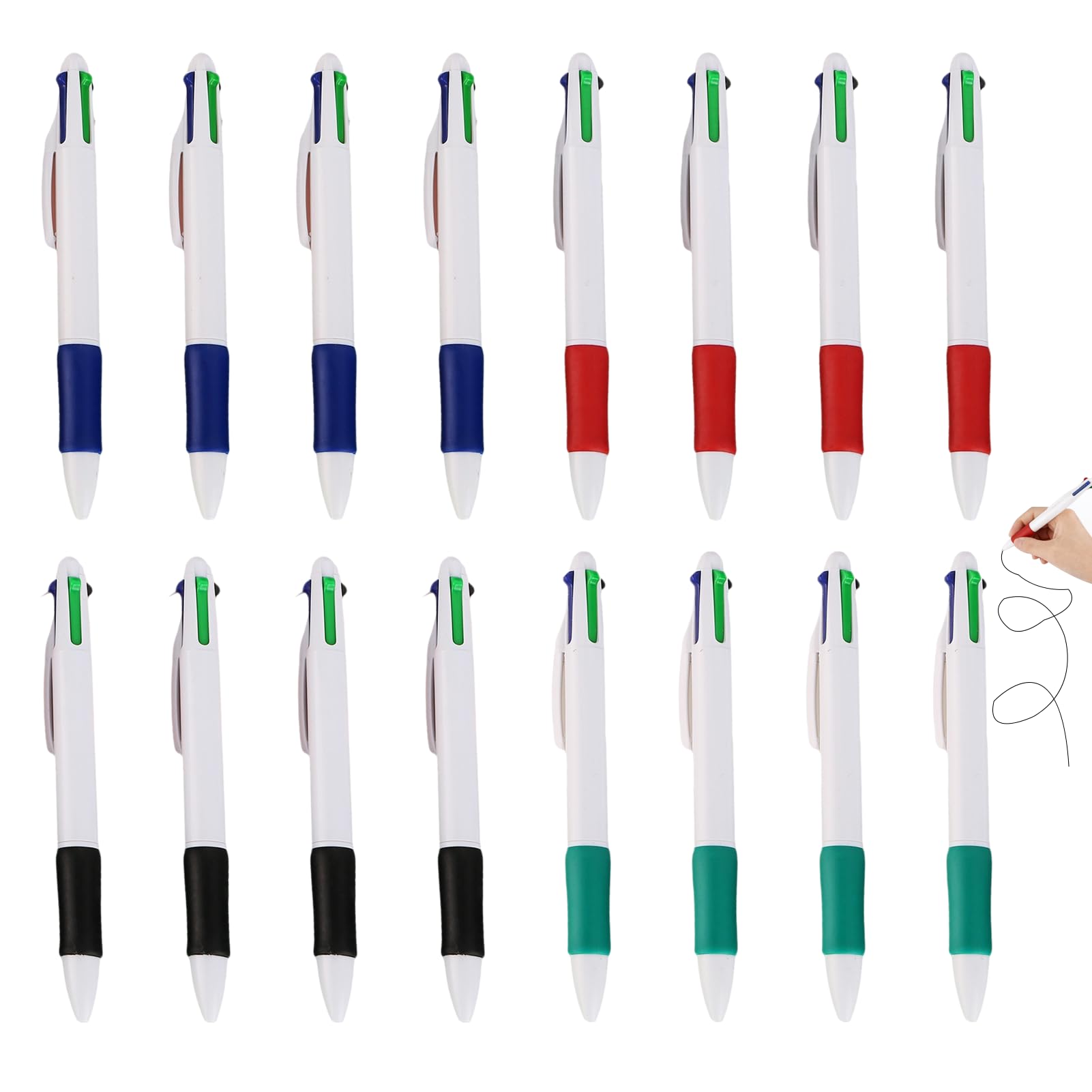 Mlifleue 16 PCS 4 Colour Pen Retractable 4 in 1 Ballpoint Pens, Green Blue Red Black Ink 0.7mm, for Office School and Home Use, White Barrel Smooth Writing Experience with Four Ink Colours in One Pen