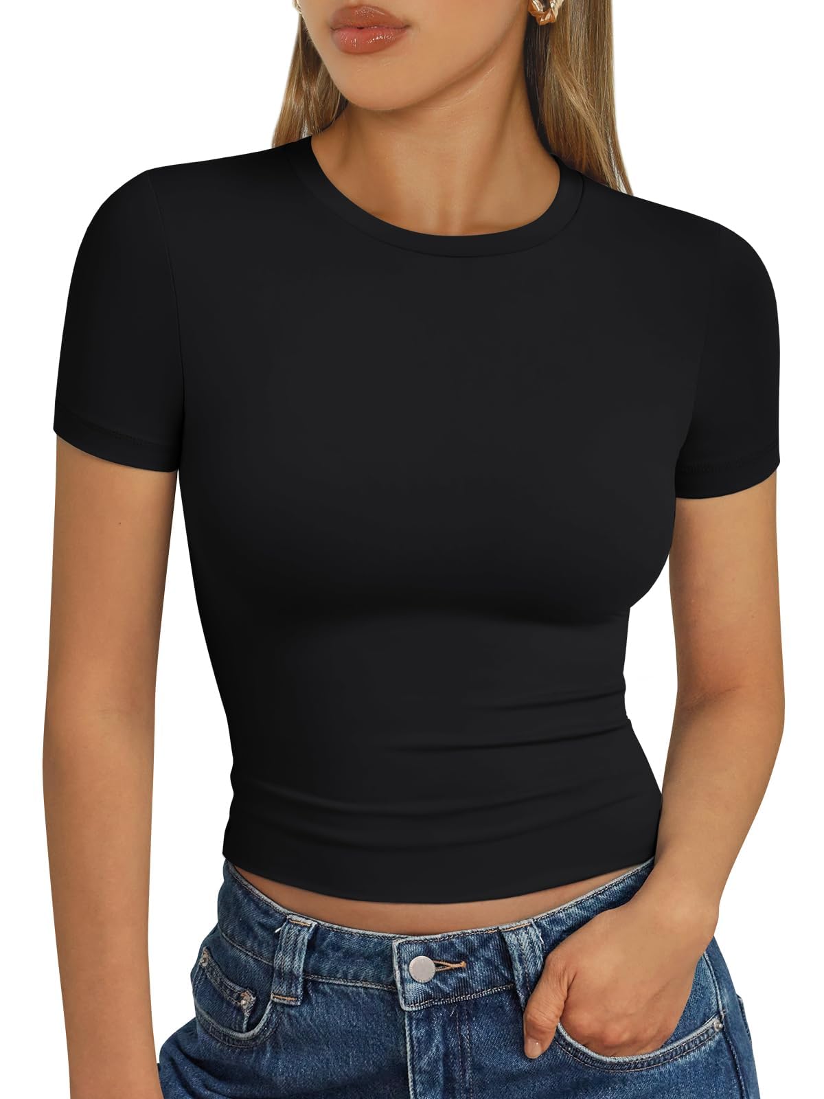 Kovbin Womens Tops Skims Dupe Summer Going Out Crop Top Basic Baby Tees Round Neck Short Sleeve Shirt Y2K