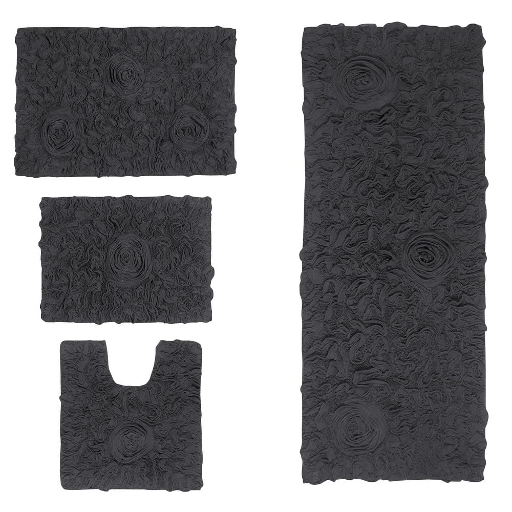Functional Durable Dark Gray Cotton Bathroom Rugs Sets 4 Piece with Pretty Floral Tufted Pattern On Solid Background