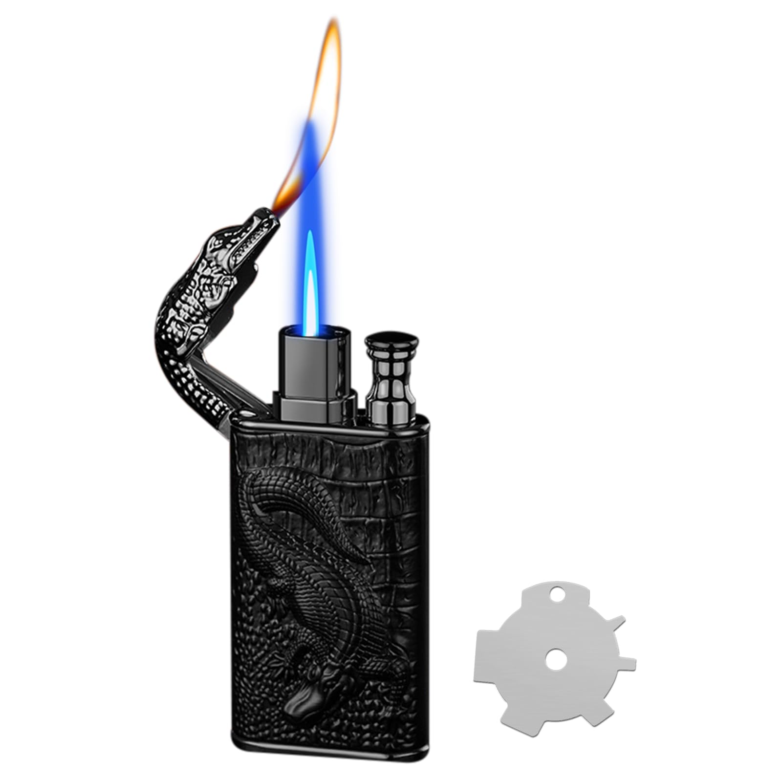 PIOYYDS Torch Lighter, Relief Crocodile Magic Dual Flame Lighter, Jet Lighter, Windproof Lighter with Adjusting Flame Tool, Refillable Butane Lighter Gifts for Outdoor Indoor(Gas not Included)-Black