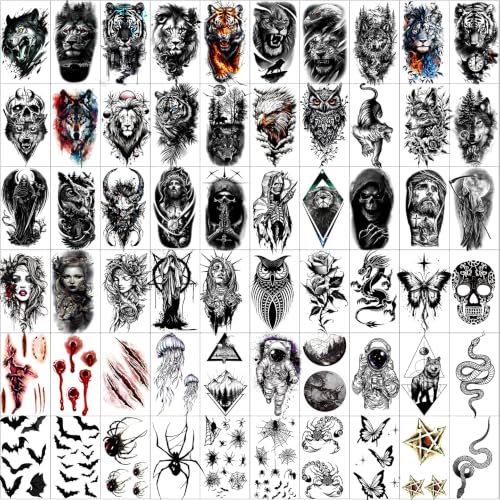 Hotoyannia 102 Sheets Halloween Tiny Temporary Tattoos Stickers, Fake Tattoos That Look Real And Last Long, Halloween Include Black Scary Wolf Lion Tiger Skeleton Skull Tattoos