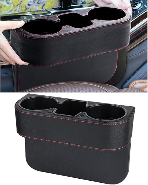 AULESSE Car Seat Organizer, Console Side Pocket with Leather Cover, Universal Car Cup Holder for Front Seat, Storage Box, Black