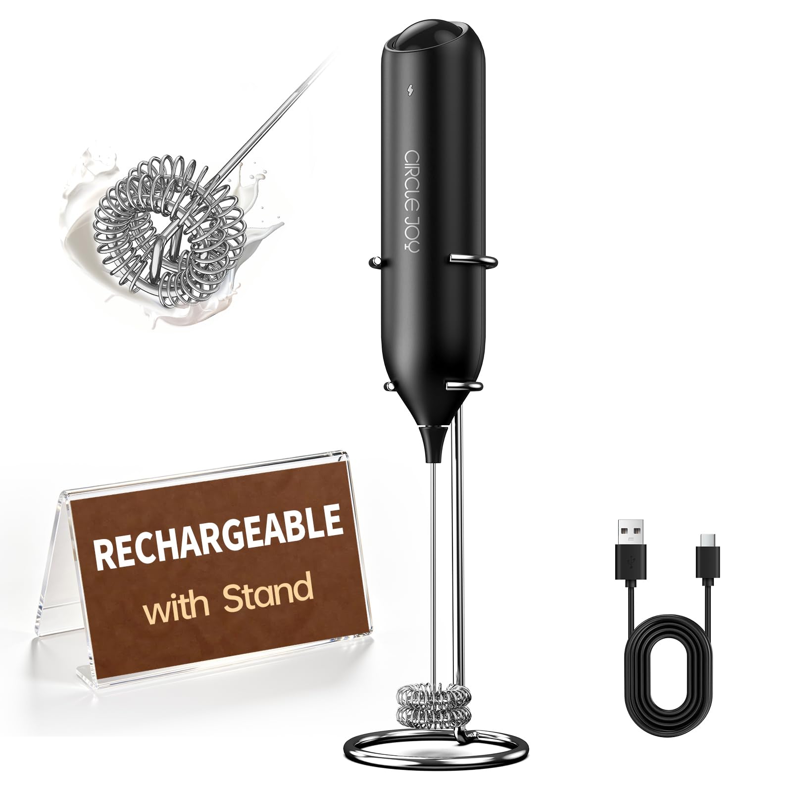 Amazon.com: CIRCLE JOY Rechargeable Milk Frother Handheld with Stand, Dual Spring Whisk Head Electric Coffee Frother Foam Maker, Portable Drink Mixer for Cappuccino, Latte, Matcha, Black: Home & Kitchen