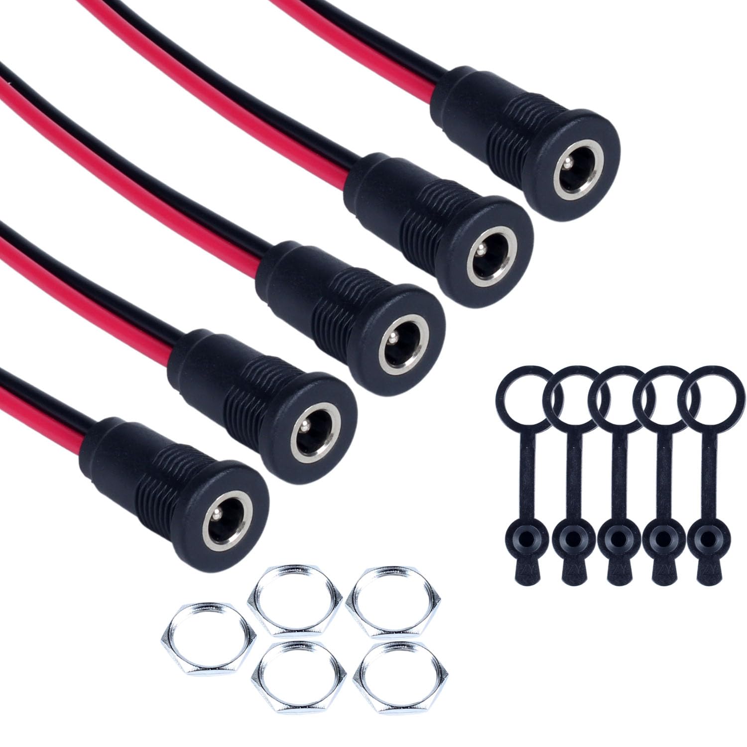 JIQI 5Pcs 5.5 x 2.1 MM DC Power Jack Black Nylon Female Panel Mount Connector adapters Waterproof Pre-Soldered with 6-inch 20AWG Wires for Digital Products(One-Piece Injection molding)