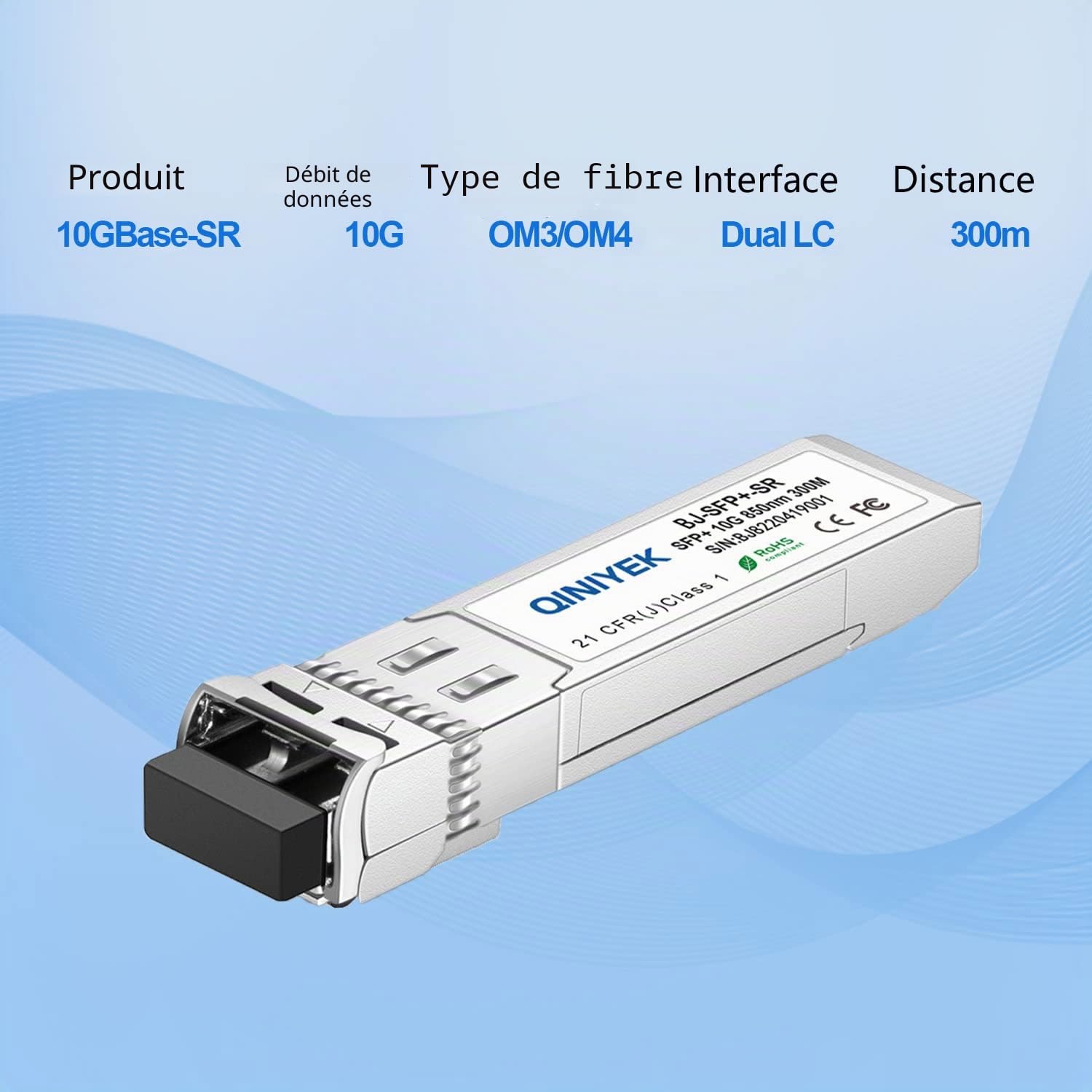 10GBase-SR Module SFP+ Optique, 10Gb multimode LC Transceiver Compatible pour Cisco SFP-10G-SR, Ubiquiti UF-MM-10G, Meraki MA-SFP-10GB-SR, Mikrotik, Fortinet, Zyxel, D-Link, Netgear(Lot de 10)