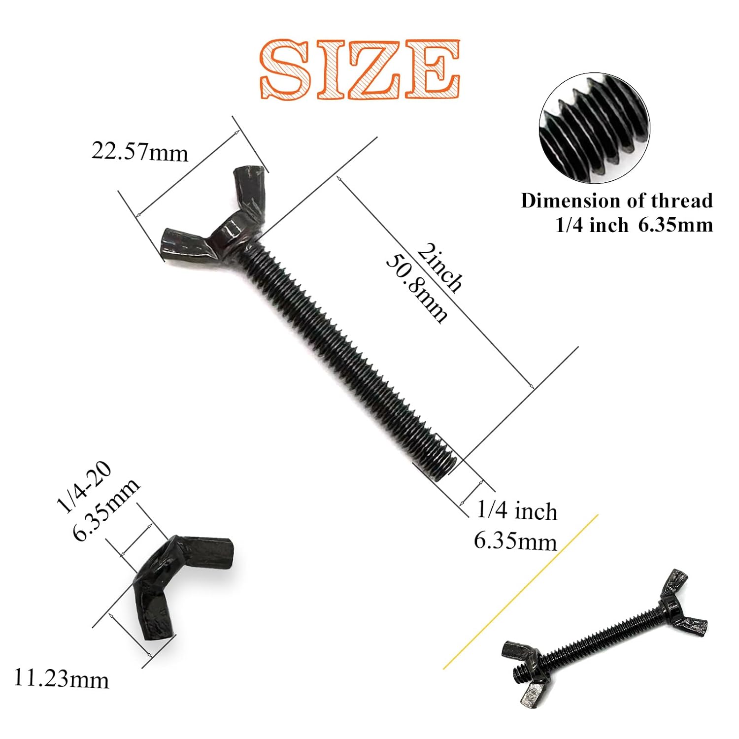 15 Sets 1/4"-20 x2 Wing Screw Bolts and Wing Nut Kit Butterfly Screws and Nut with Hand Twist Tighten Wing Head Black Zinc Plated Hardware Fitting Fastenings Assortment Kit