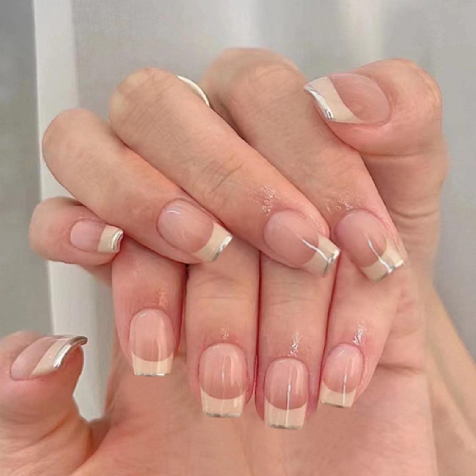 Hkanlre French Press on Nails Square Fake Nails Pink Full Cover Medium Bling False Nails for Women and Girls 24PCS