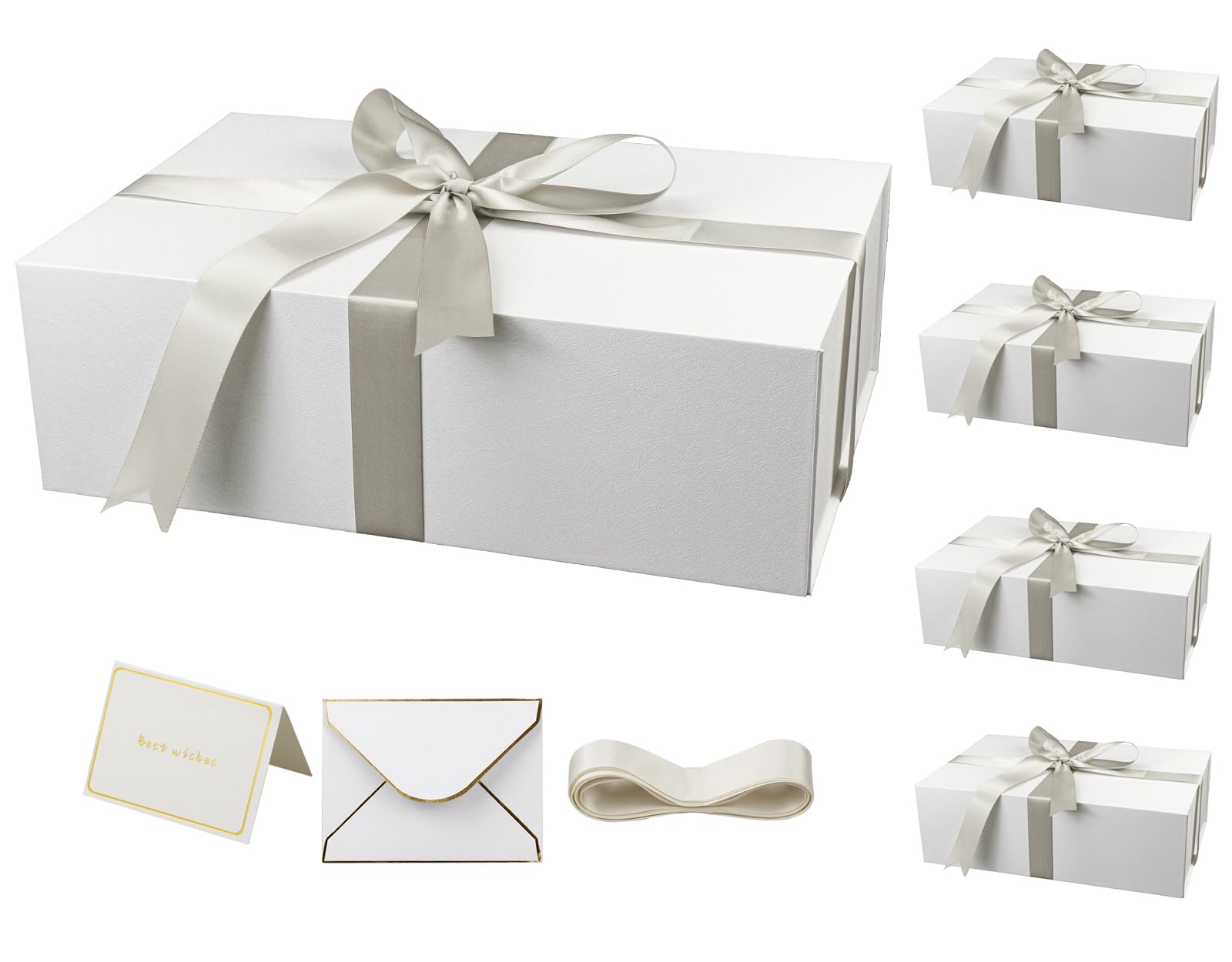 YINUOYOUJIA 5 Pack Large White Gift Boxes with Lid,14"x9"x4.5" Magnetic Gift Box with Ribbon,Cards and Envelopes for Presents,Great for Wedding,Birthdays,Crafting,Gift Packaging.