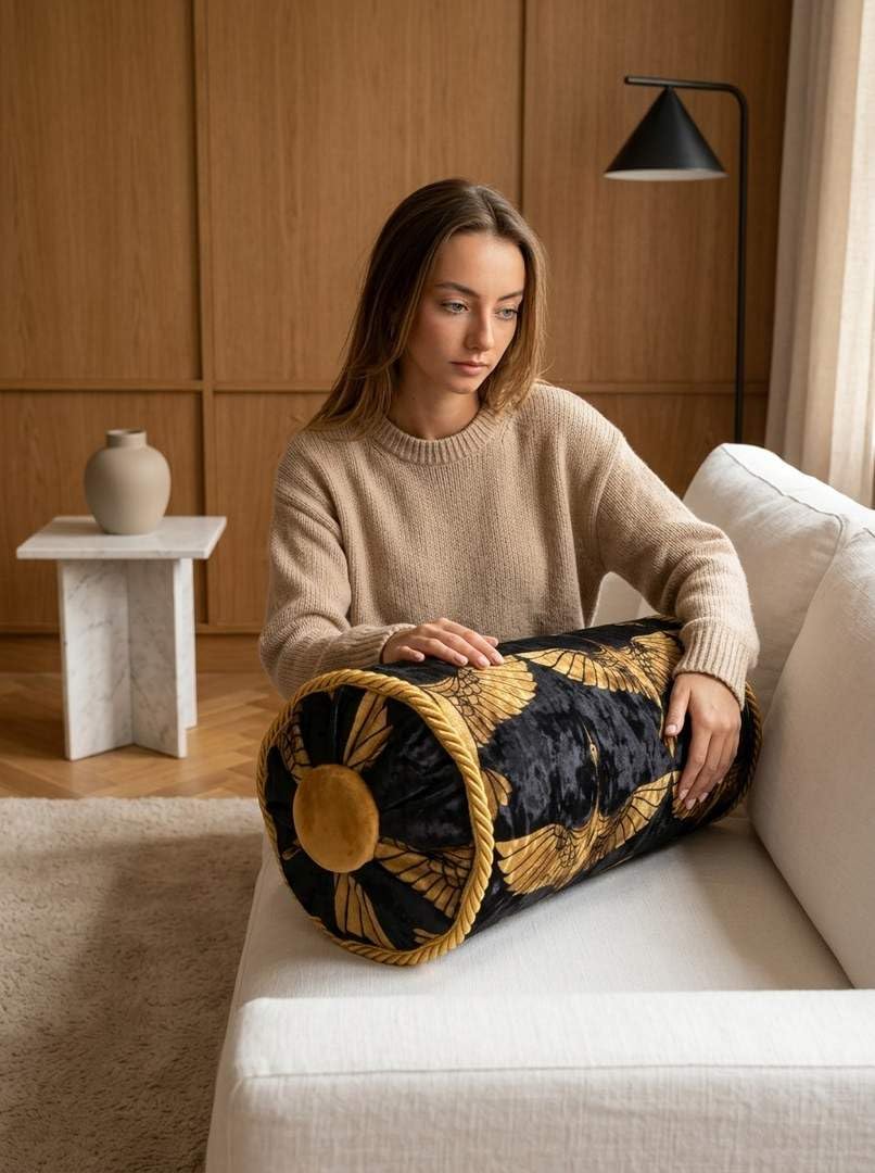 Samtkissen Crush Velvet Dekokissen Rolle Golden Vögel auf Schwarz mit Glanz Länge 40cm