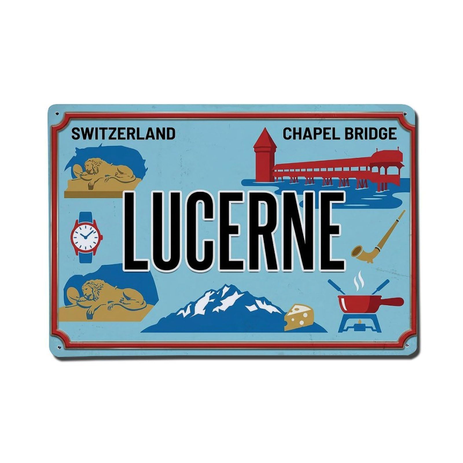 Vintage Travel Lucerne Switzerland Bridge Lion Metal Tin Sign Plaque Wall Decor for Cafe, Club Bar, Office, Garden Metal Poster 8x12Inch