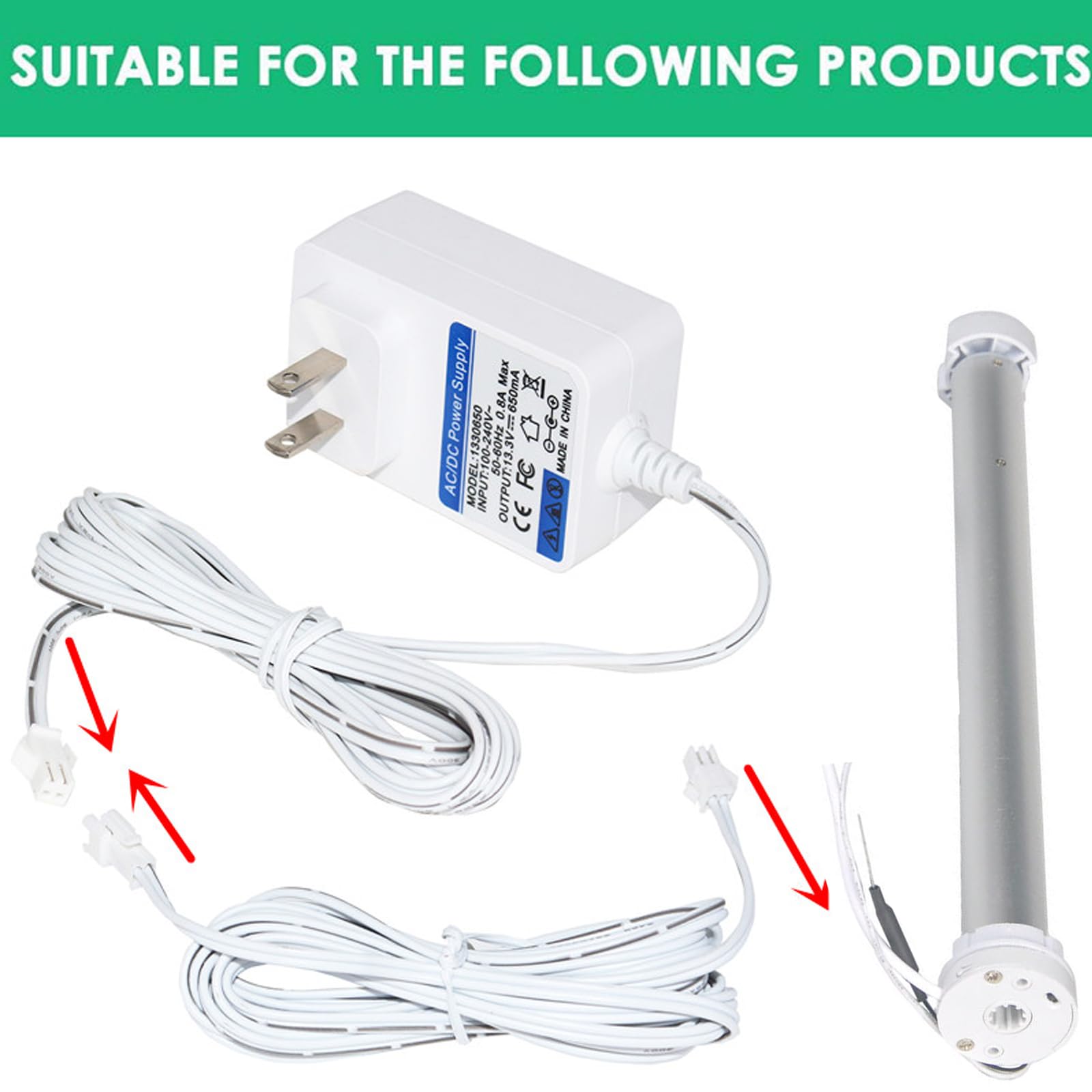 13.3V Power Adapter harger for Somfy Sonesse Wirefree Plug-in Charger 9020672,for Sonesse ST30 & R28 Motors Charge,(with 9.6FT Extended Reach Cable)