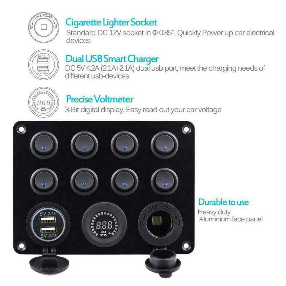 Pannello Interruttori 8 Gang con 2 USB e Voltmetro Controllo LED Rocker IP68 Impermeabile 12V / 24V per Auto, Barca e Marina
