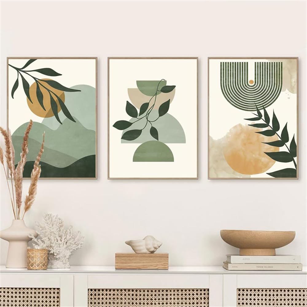 Wbyzac Green Wall Pictures-Abstract Boho Wall Art Canvas Painting Leaves Sun Moon Geometric Posters And Prints Wall Pictures For Living Kitchen Room Decor Artwork-40 * 50Cm*3Pcs (No Frame)