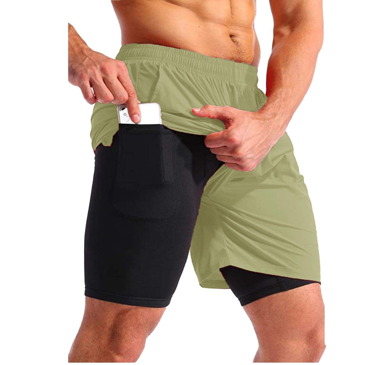 Gadgets Appliances Mens Running Shorts,Workout Running Shorts for Men,2-in-1 Stealth Shorts,7-Inch Gym Yoga Outdoor Sports Shorts Khaki