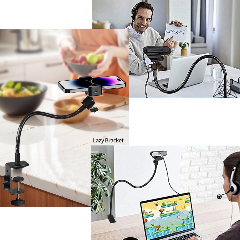 Supporto per webcam per telefono da scrivania regolabile a collo di cigno, supporto per fotocamera Logitech Webcam C922 C930e C920S C920 C615, ecc. (filettatura da 1/4")