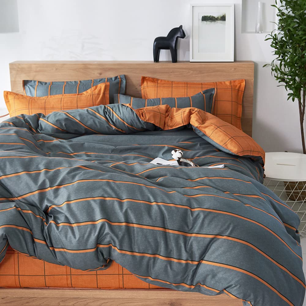 FANSU Geometry Duvet Cover Set Bedding Sets 4 Piece for Boy Girl Double King Single Size Bed, Microfiber Duvet Set 2 x Pillowcases 1 x Quilt Case 1 x Flat Sheet (Striped orange,135x200cm)