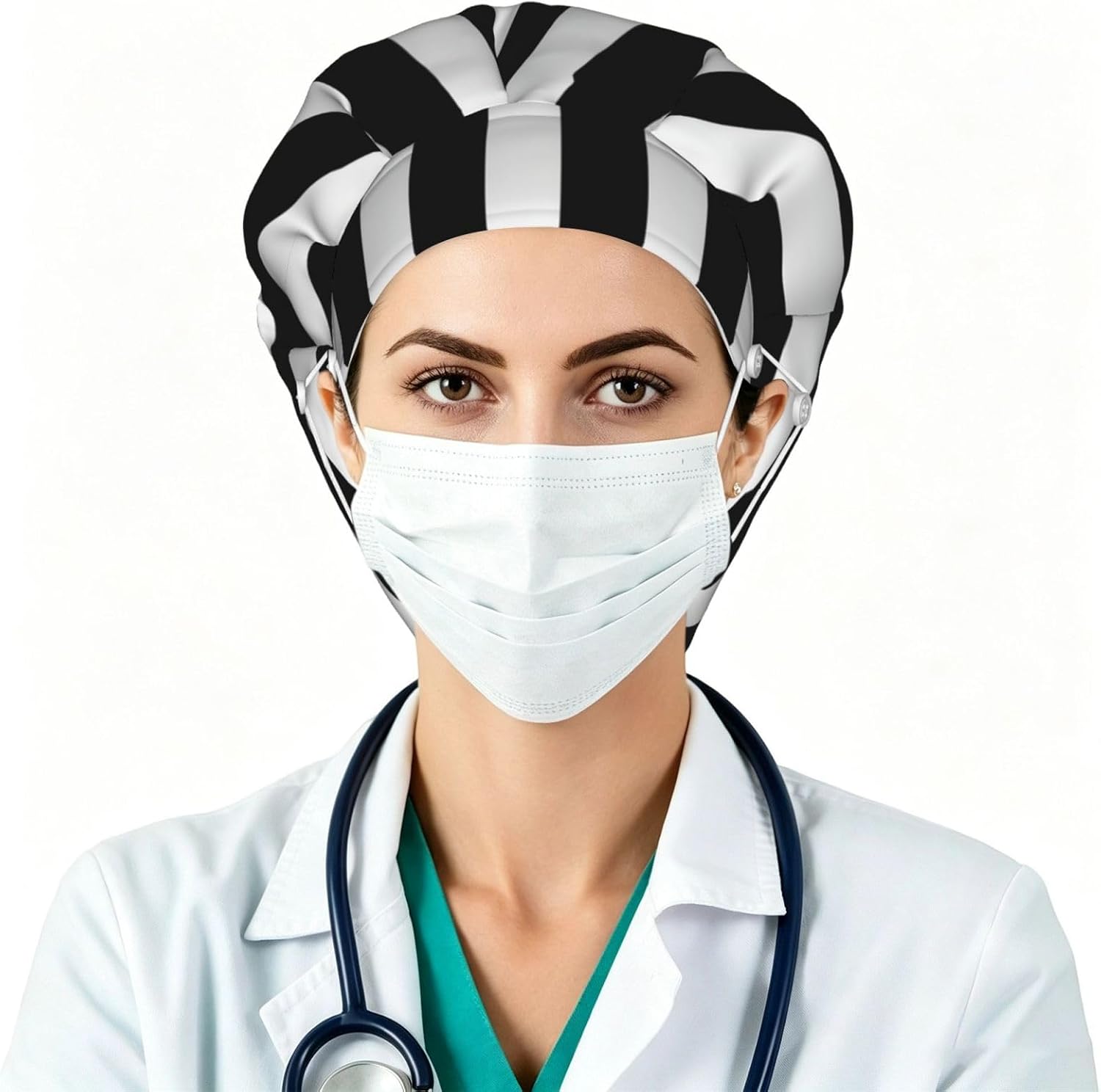 Black & White Stripe Bouffant Cap with Buttons, Sweatband Cap