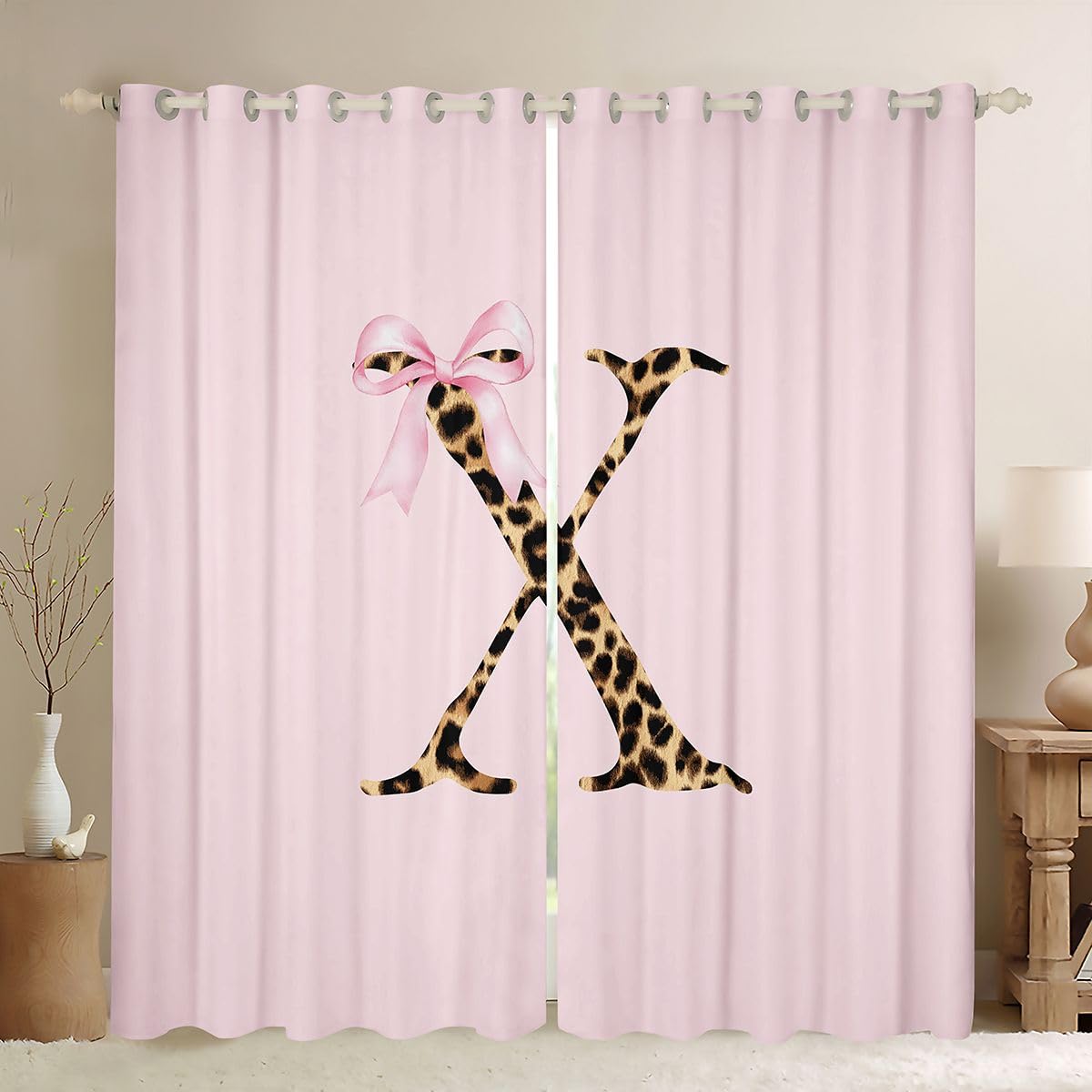 Homewish Homwish - Tende per finestre personalizzate con iniziale, 117 x 183 cm, 2 pannelli, con fiocco rosa, stampa leopardata, tende moderne e alla moda per camera da letto